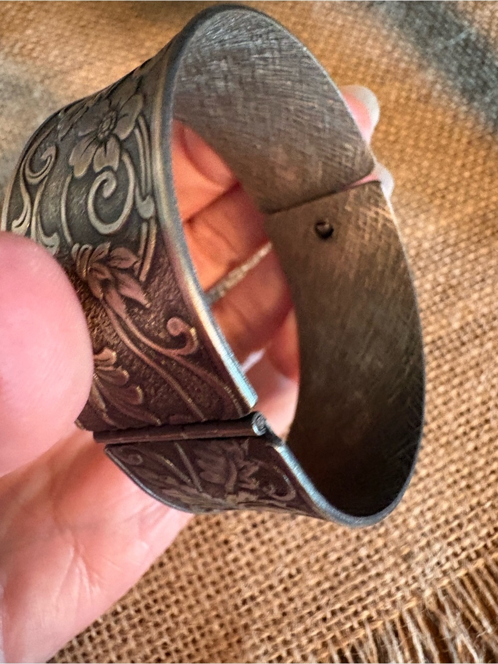 Engraved Floral Hinged Cuff Bracelet — Dark Antiqued Metal